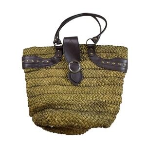 Woven Straw Tote Bag Purse Brown Faux Leather Accent Summer‎ Beach